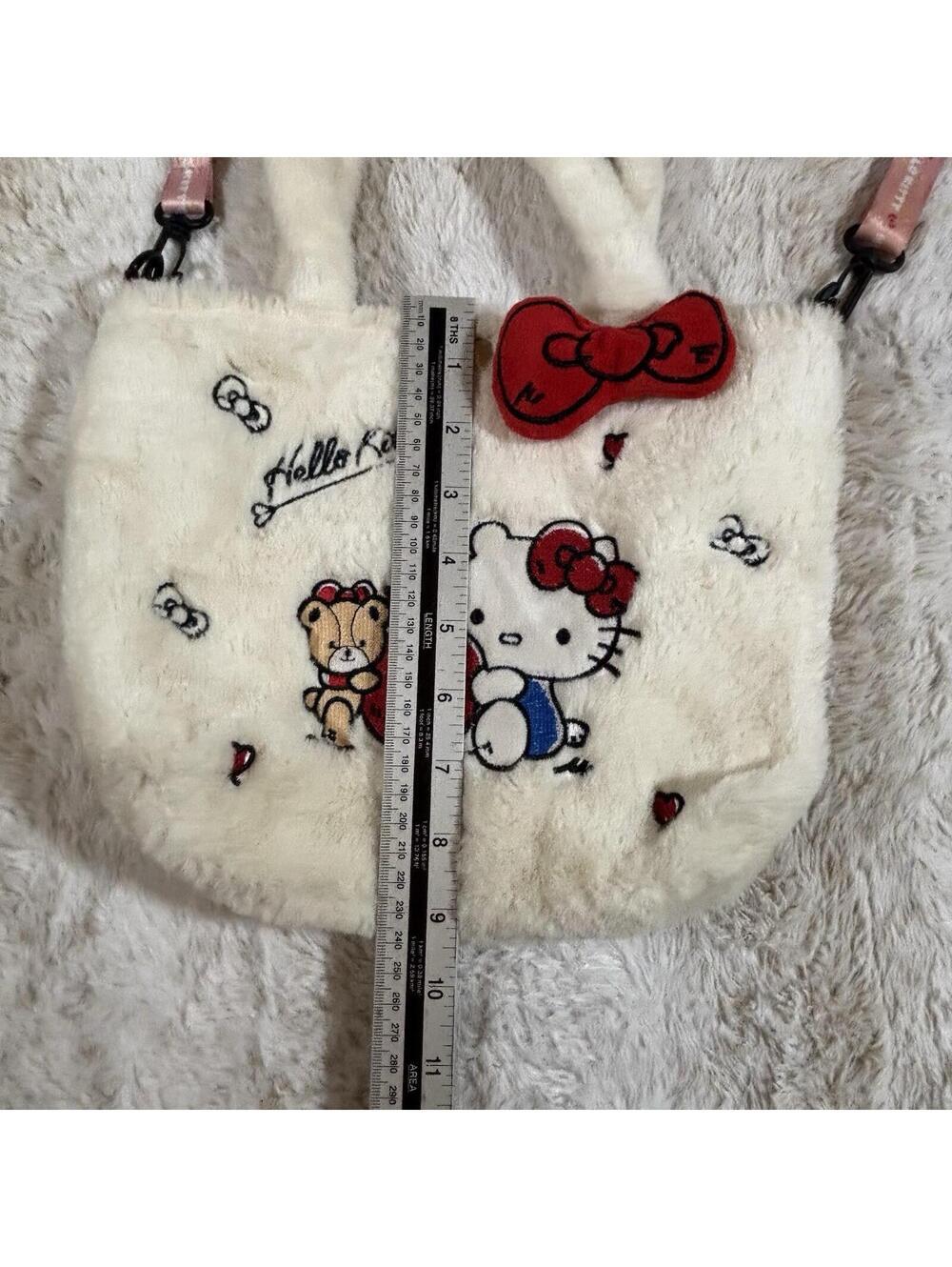 Sanrio Hello Kitty Plush Faux Fur Tote Bag Pink Strap Apple Teddy Bear - Picture 7 of 8